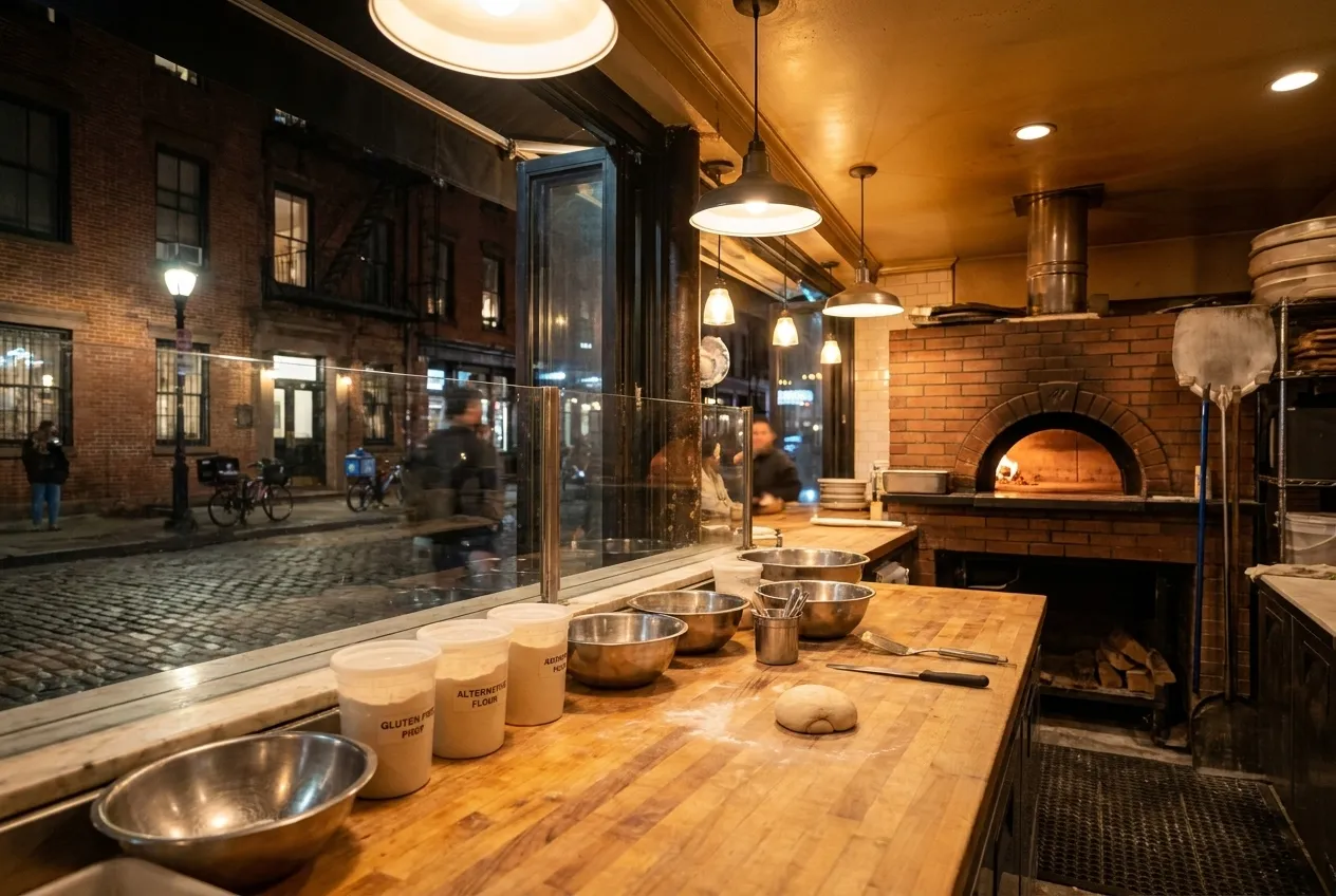 A pizzeria counter in Greenwich Village with gluten-free crusts on display, warm overhead lighting, and a view through to the pizza oven in the background.