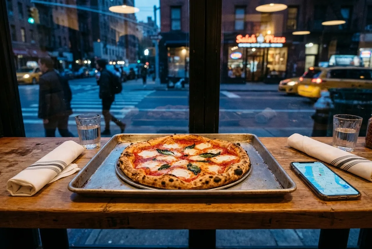 A single pizza on a metal tray at a casual dining table, surrounded by napkins, water glasses, and a phone showing a group text thread.