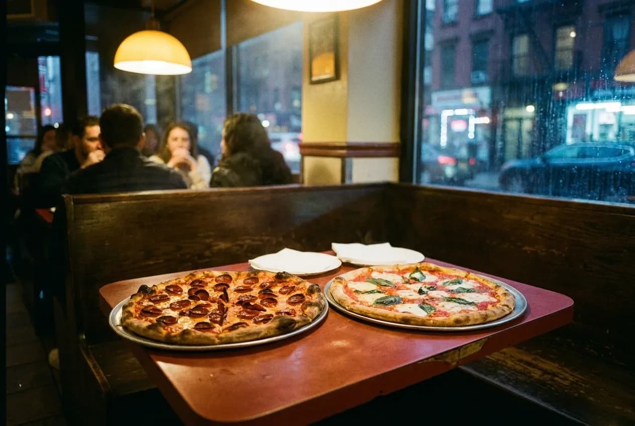 Two large pizzas on a shared table under warm restaurant light in a compact New York City pizzeria, with folded slices and empty plates nearby.