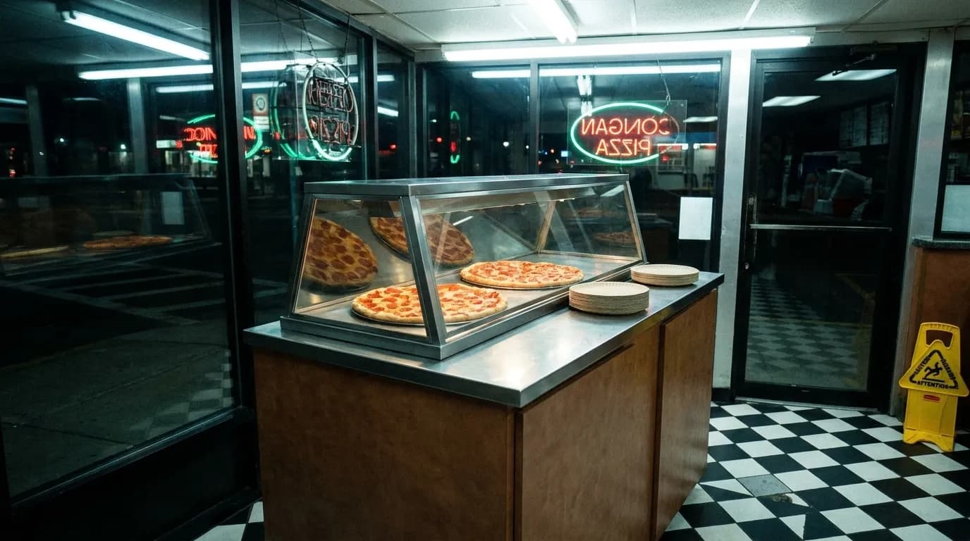 A lit slice counter at night seen from the street with a warming case and a tiled floor