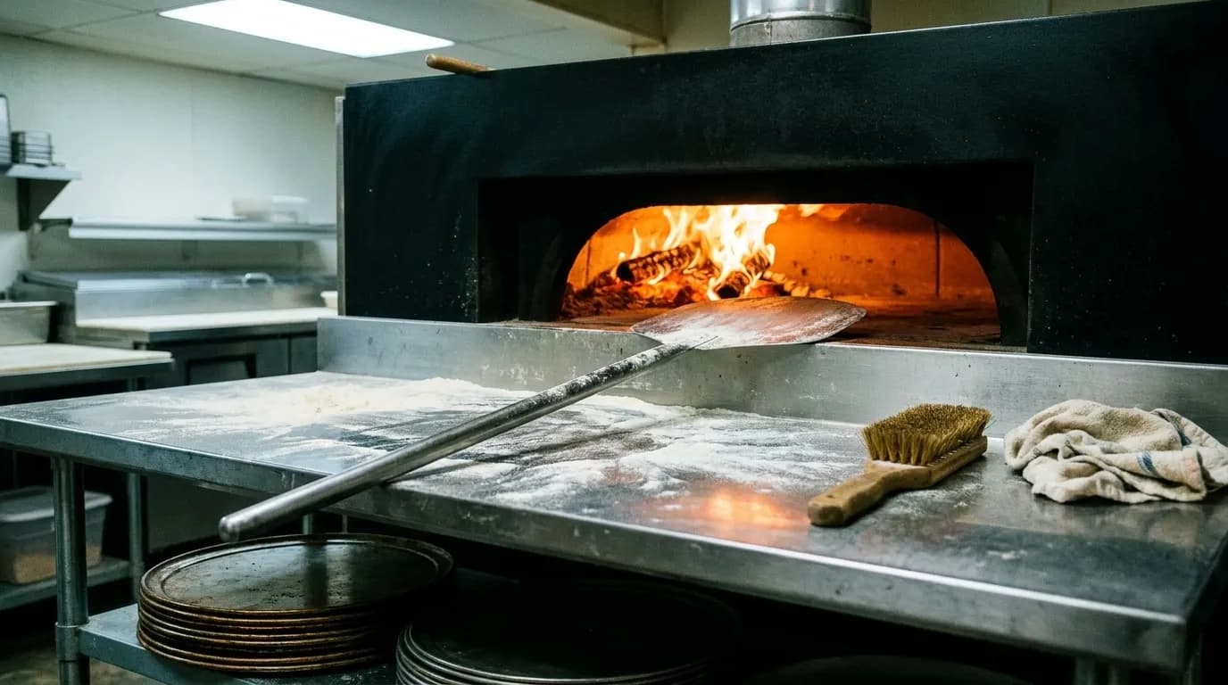 A pizza peel resting against a deck oven with a dusting of flour on the metal surface