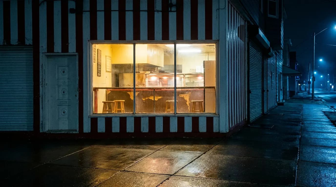 A lit slice-shop window seen from an empty sidewalk after midnight, warm interior glow spilling onto wet pavement, counter stools just visible through the glass