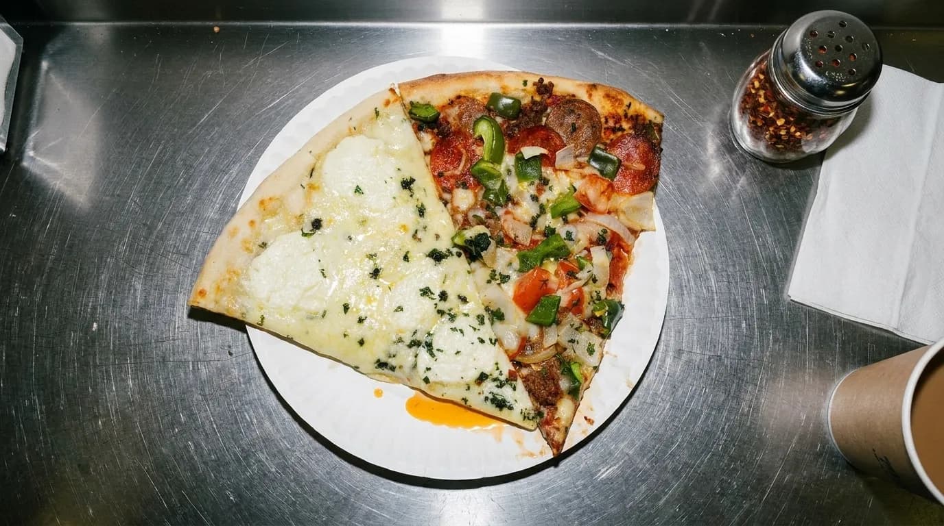 A single wide slice on a thin paper plate on a scratched steel counter, oil pooling slightly on the surface, a shaker of chilli flakes beside it