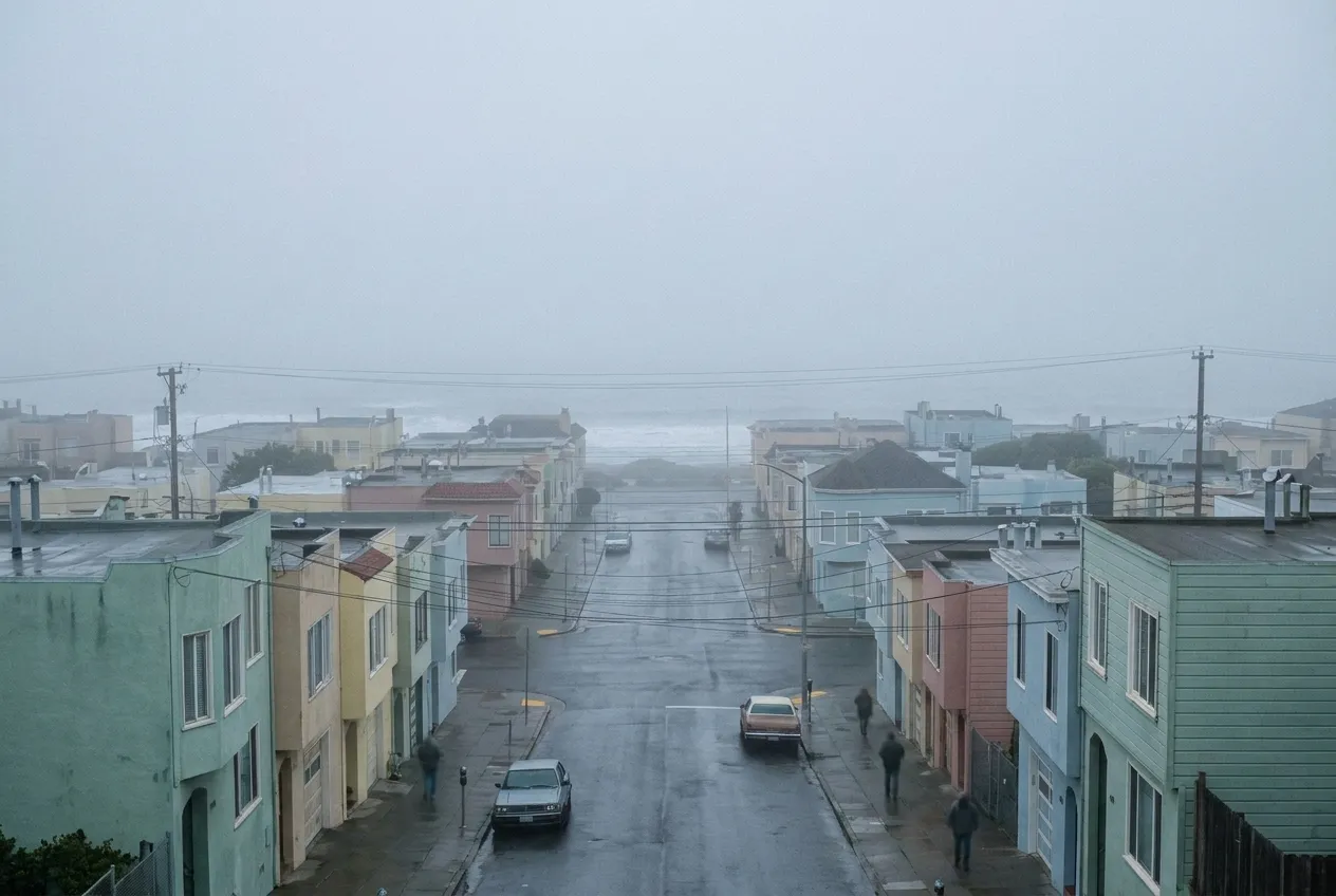 A foggy avenue of low pastel houses running toward the ocean in the Outer Sunset, San Francisco