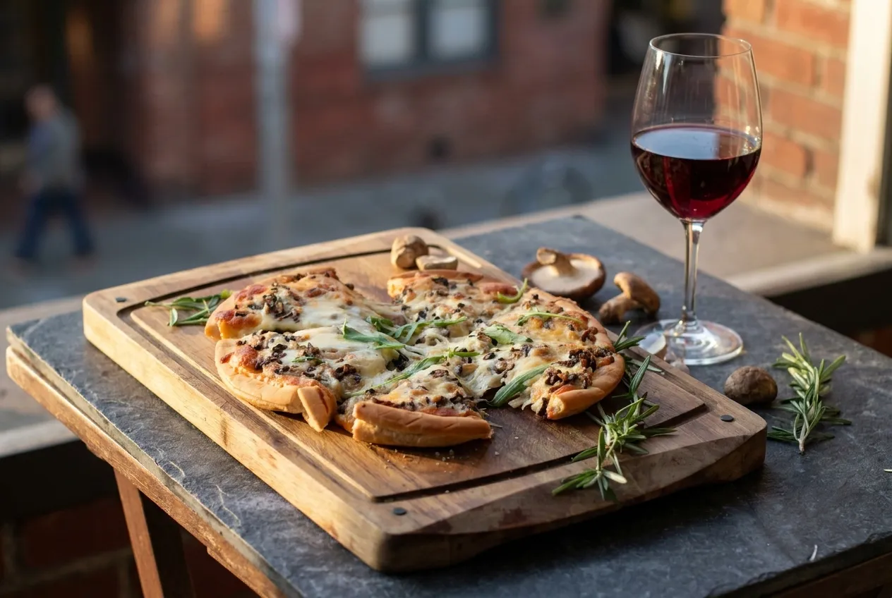 A mushroom pizza on a wooden board beside a glass of red wine on a small table