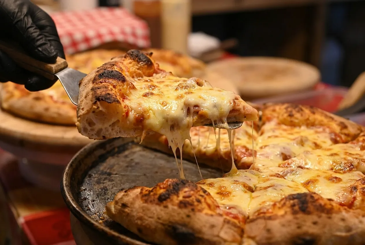 A pizza with a thick tangy crust edge being lifted from a metal pan
