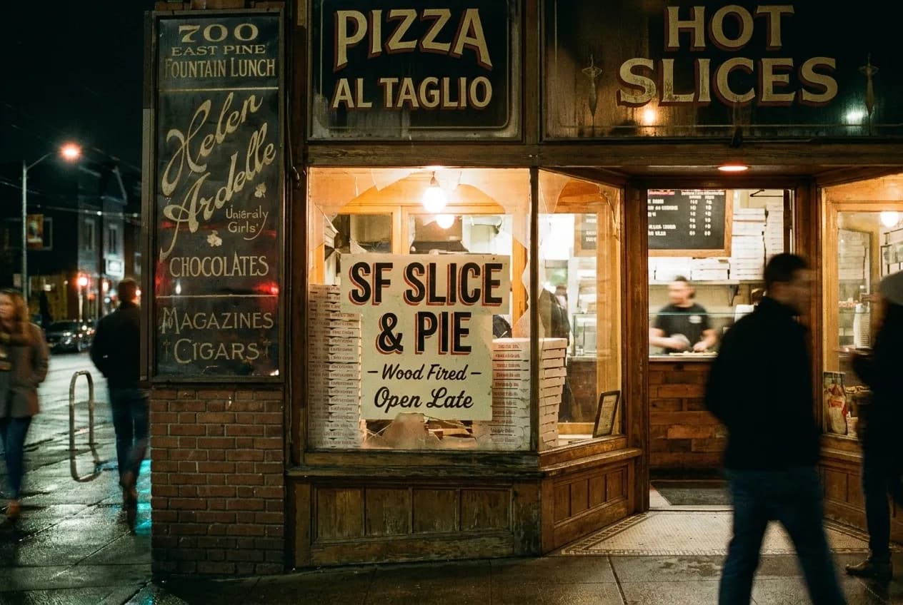 A lit pizza counter window at night with a stack of boxes and a hand-painted sign in San Francisco