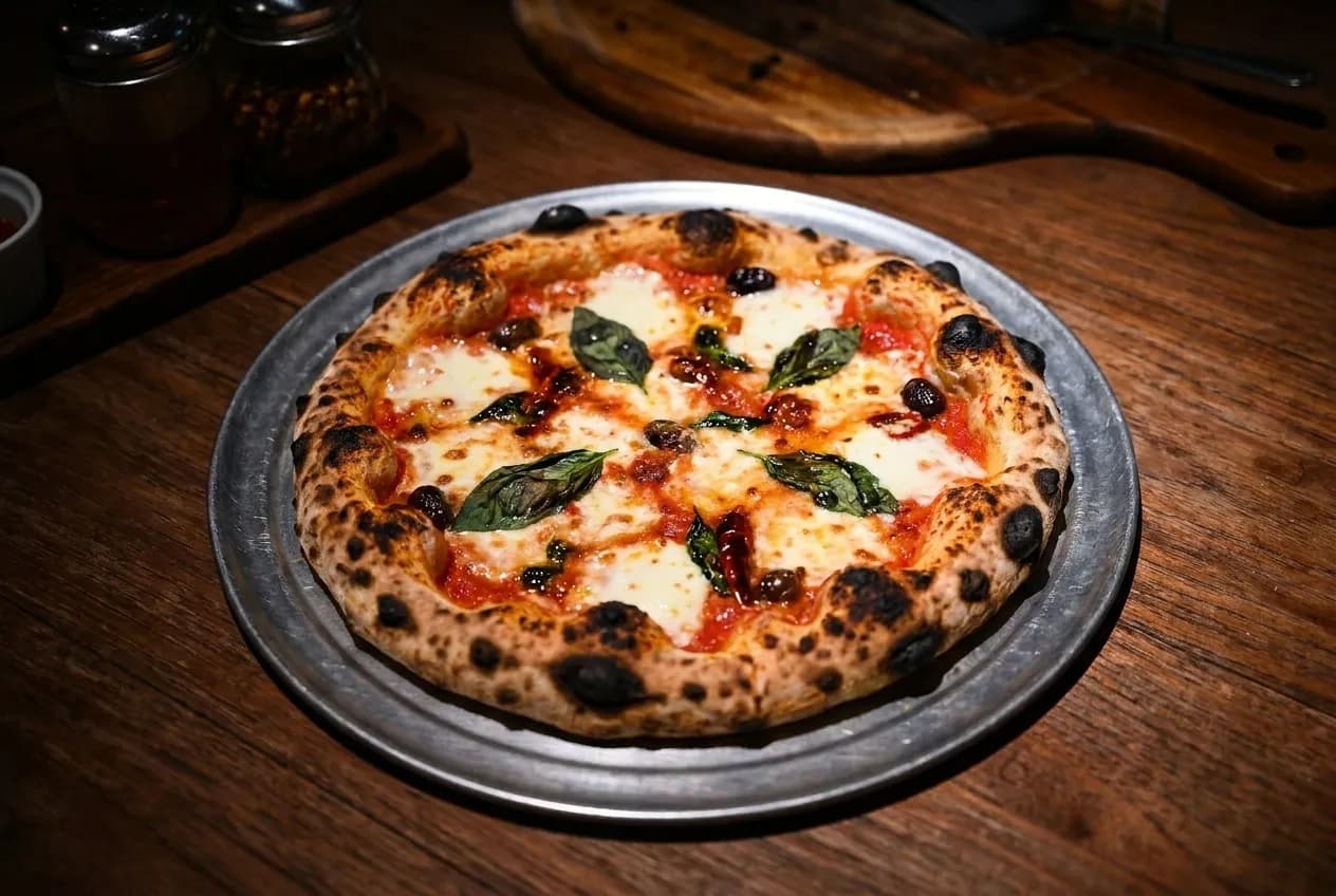 A blistered wood-fired pizza on a metal tray with charred spots on the crust edge