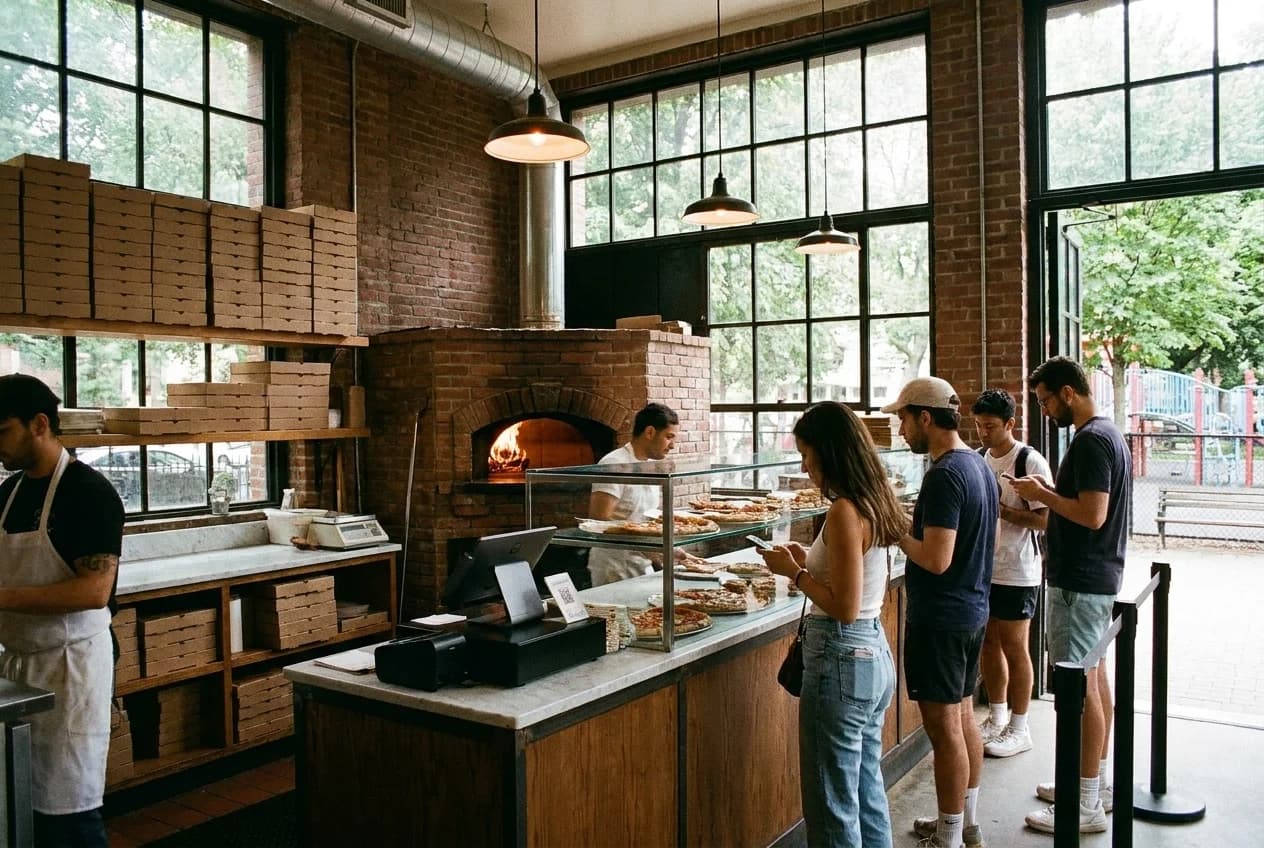 Williamsburg pizza shop counter with wood-fired oven and customers waiting for slices