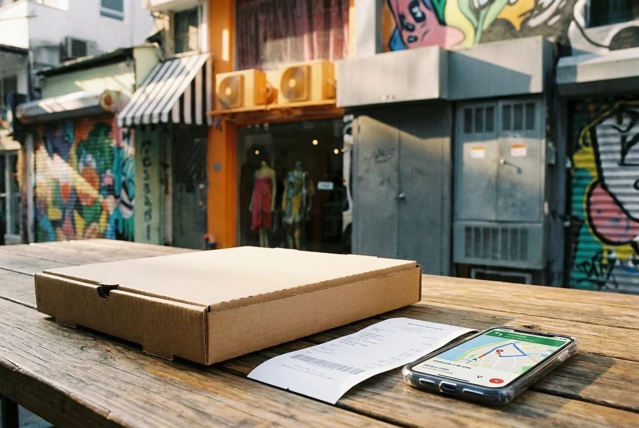 Closed pizza box with delivery receipt and smartphone on a table.