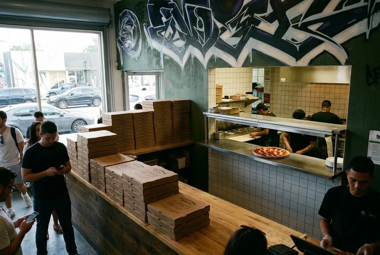 Pizza counter with boxed orders and a whole pie on the passthrough shelf in a Wynwood pizzeria.
