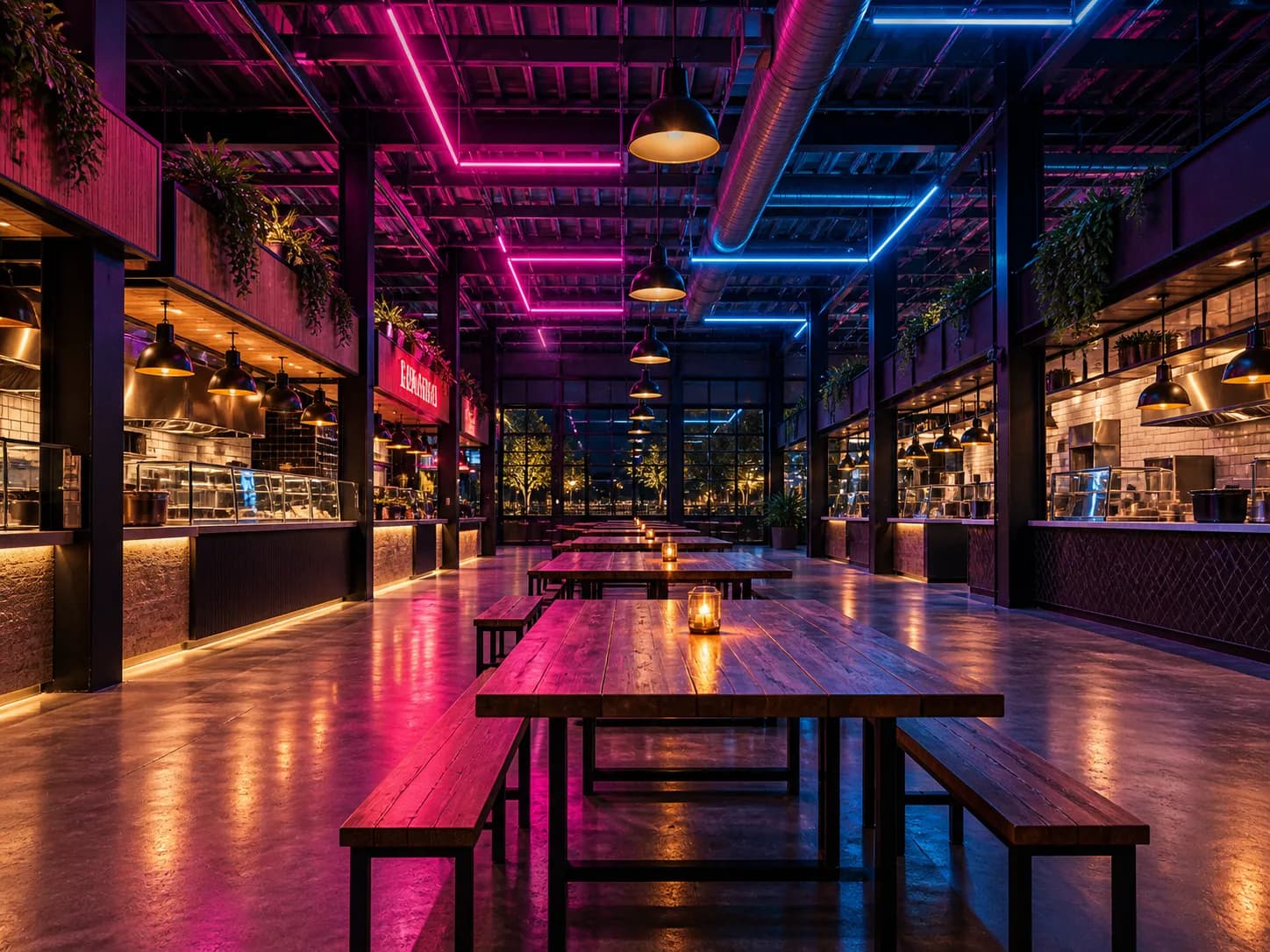A neon-lit indoor food hall with counters along both sides and communal tables