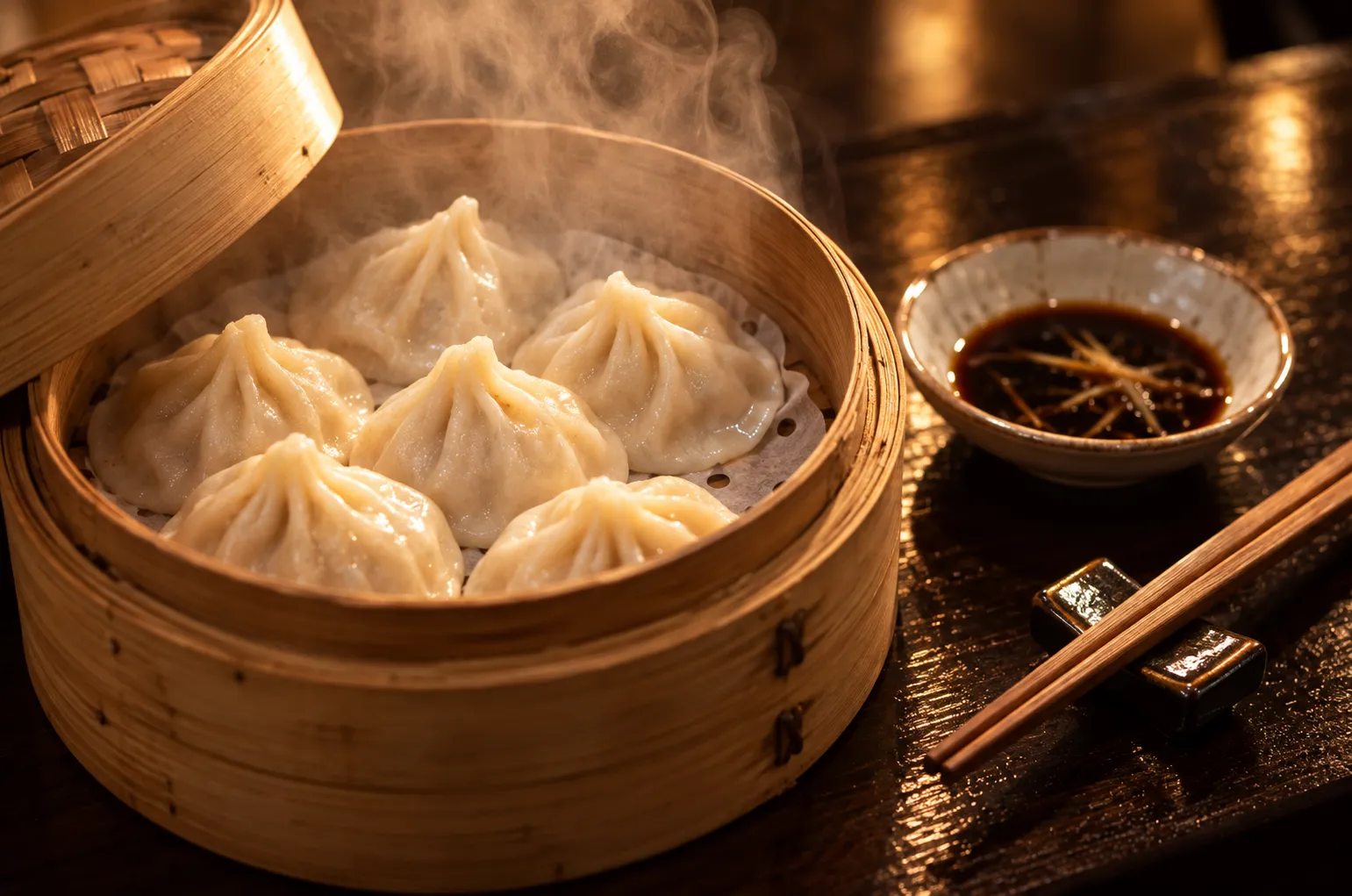 A steamer basket of dumplings open on a dark counter with chopsticks alongside