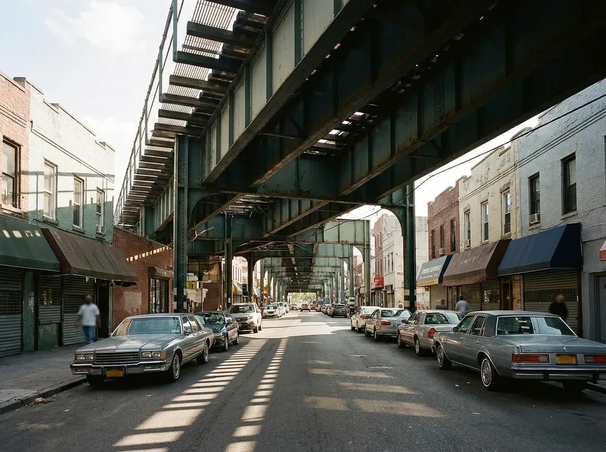 A Brooklyn commercial avenue of low storefronts with an elevated subway structure crossing overhead in afternoon light