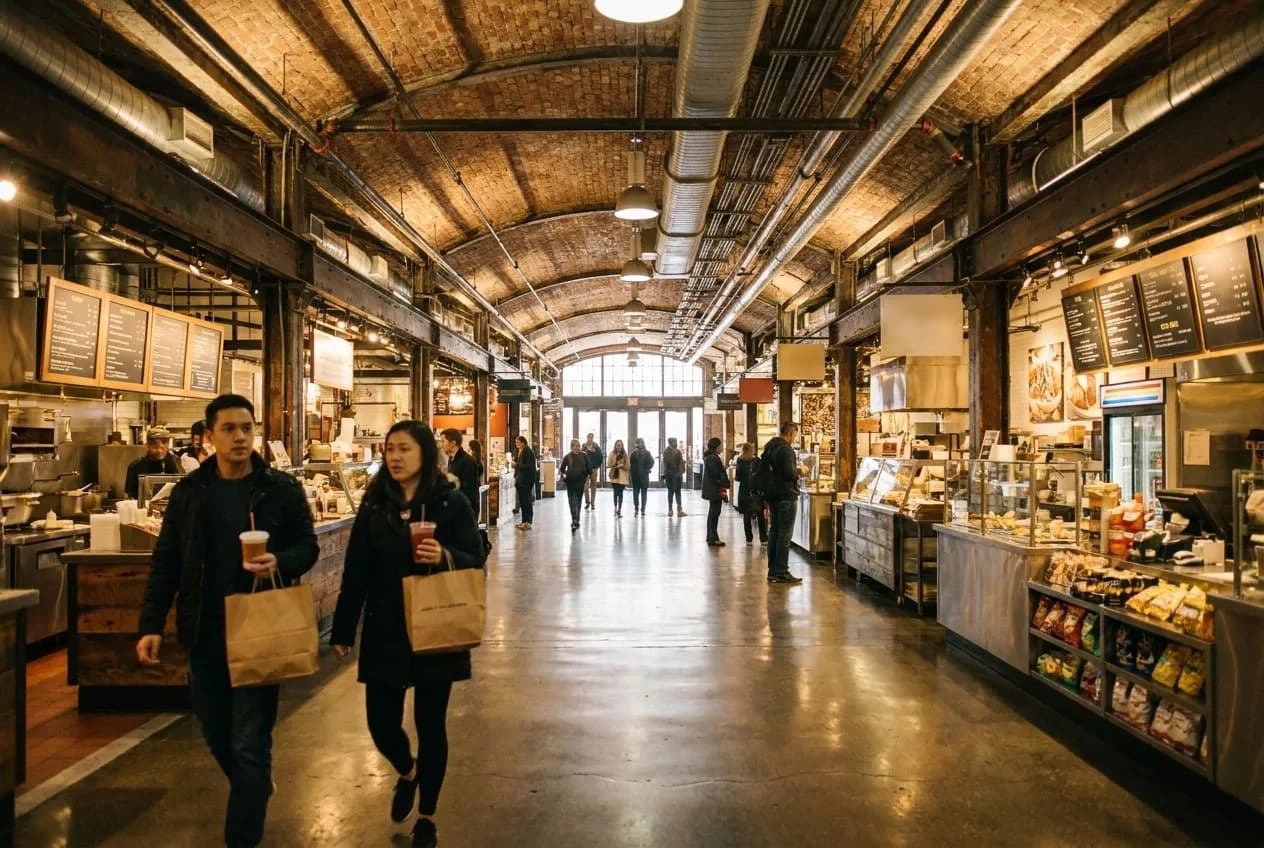 Wide interior view of Chelsea Market's brick-vaulted concourse with food vendor stalls and visitors walking through