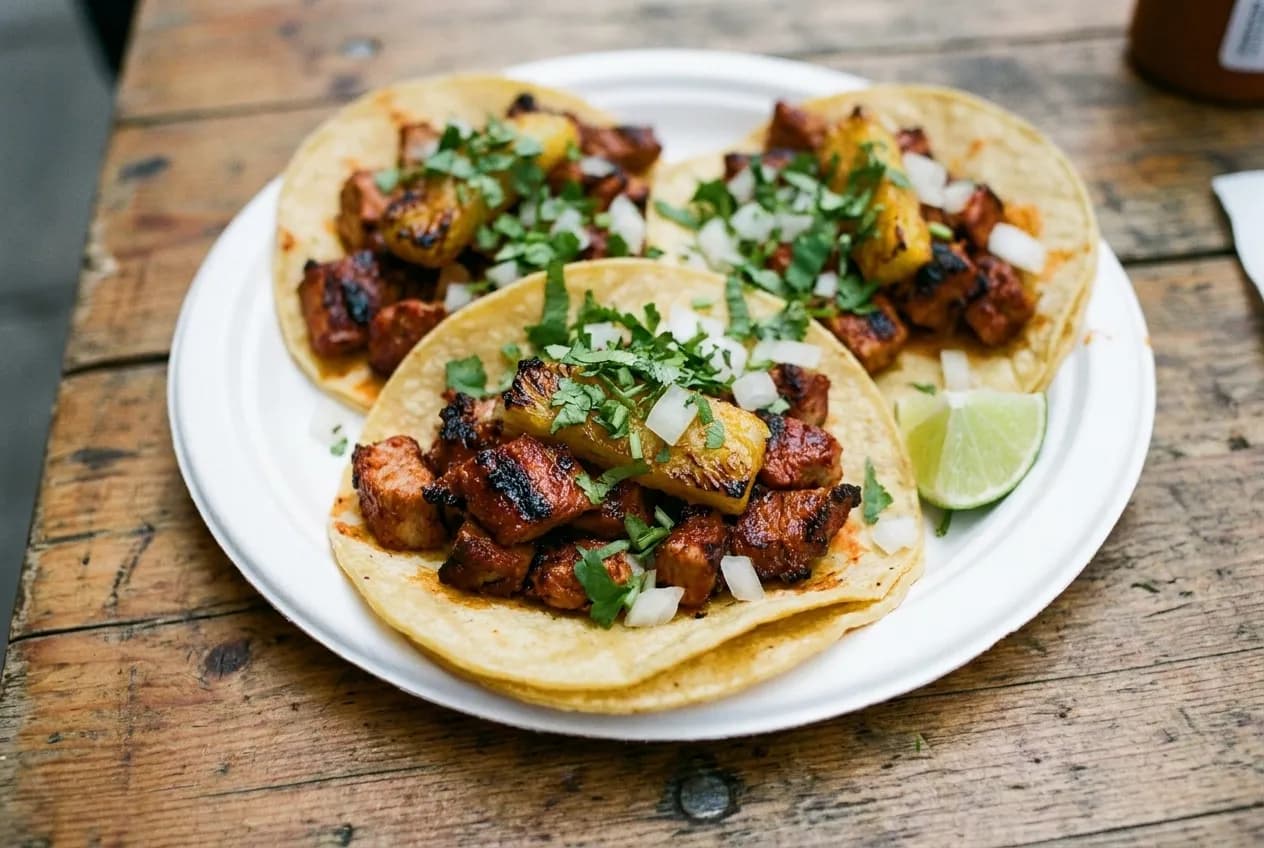 Overhead view of three adobada tacos with marinated pork and pineapple on corn tortillas