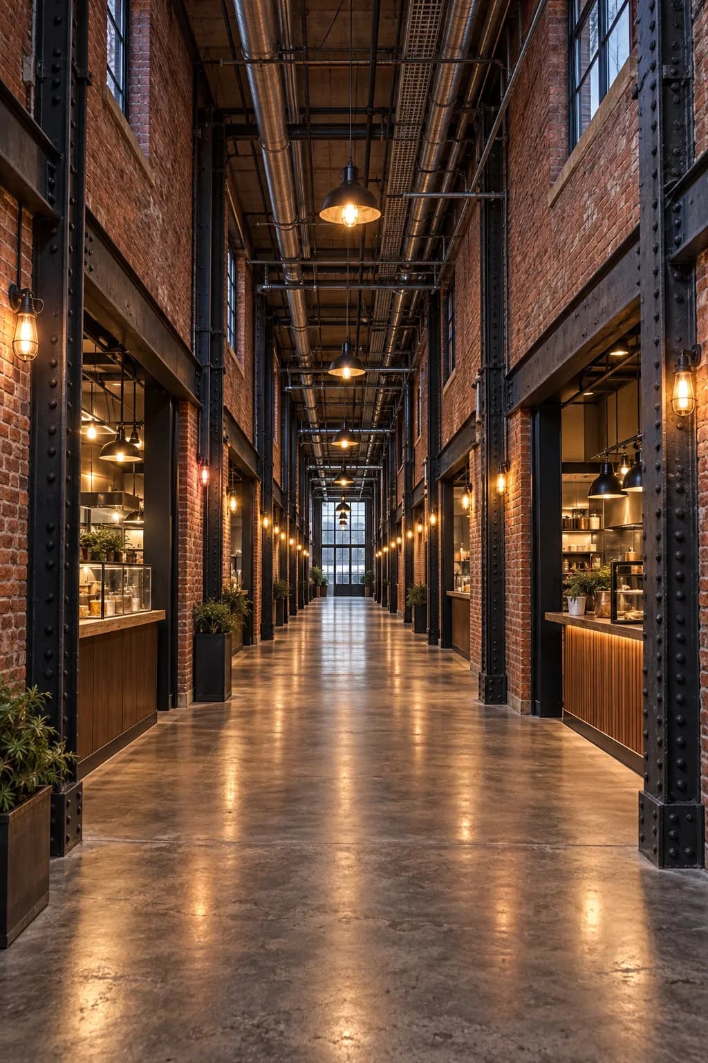 A brick industrial corridor lined with food counters under exposed pipework