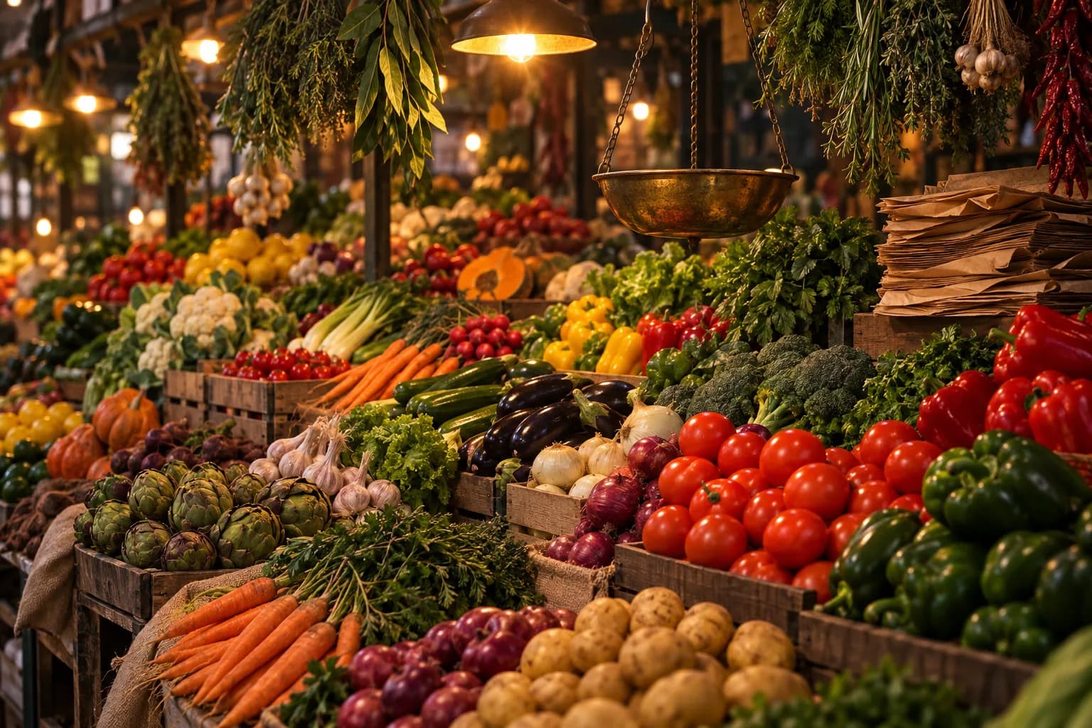 A crowded market counter with produce stacked high under warm lights
