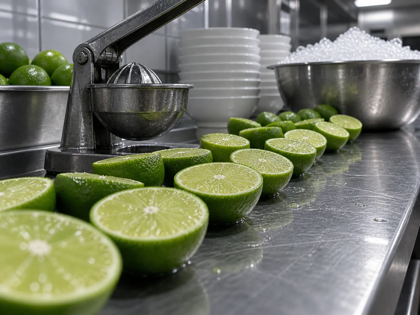 A row of fresh limes and a stack of white bowls on a stainless prep counter