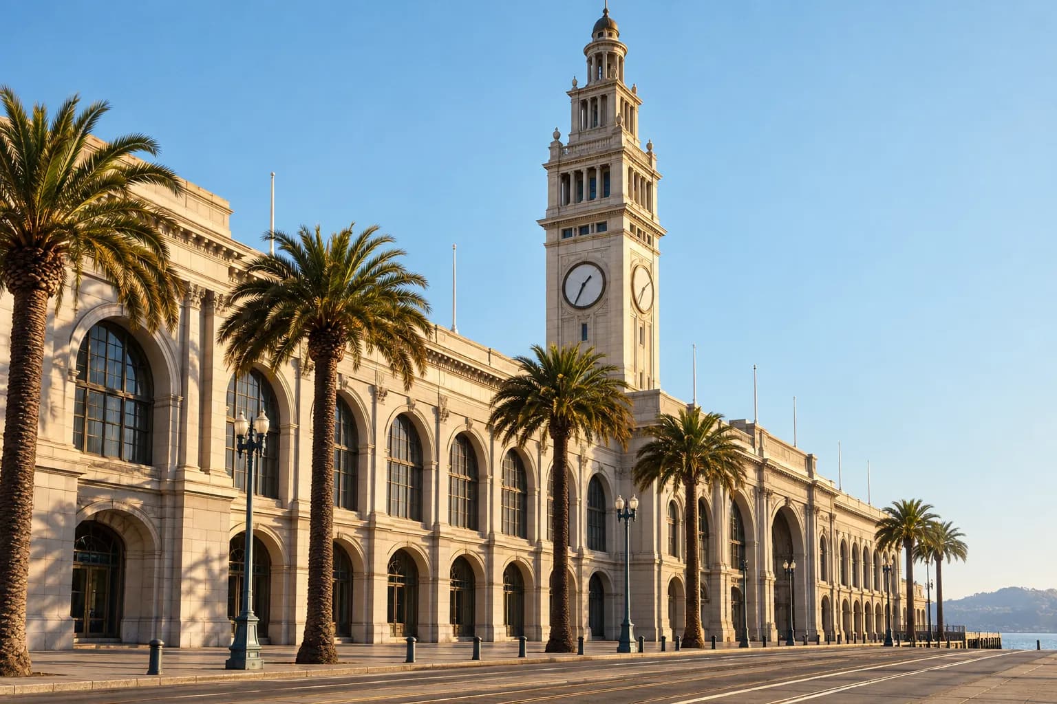 A tall clock tower above a long arcaded waterfront building under clear sky
