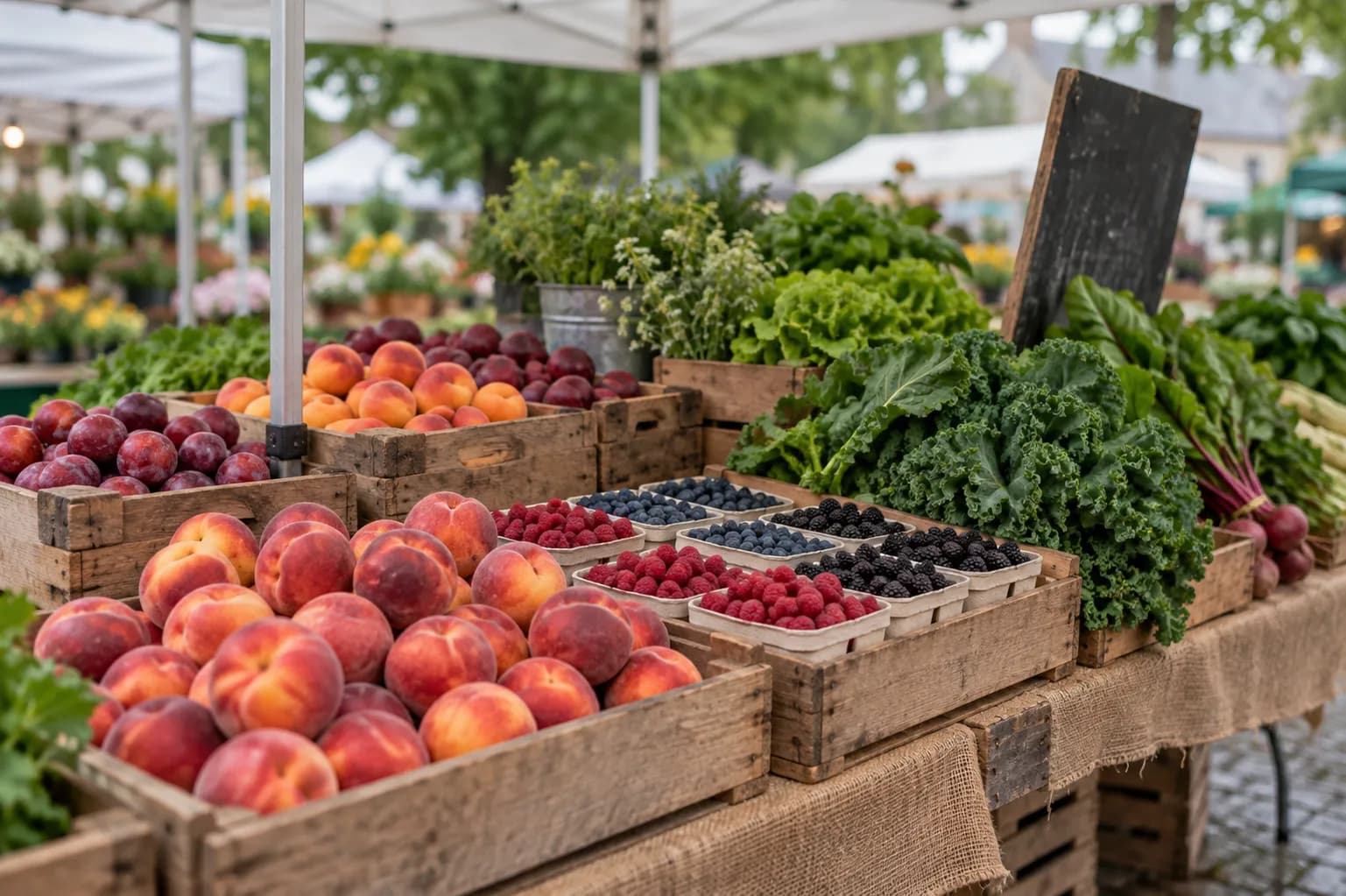 Crates of stone fruit and leafy greens stacked at an outdoor market stall