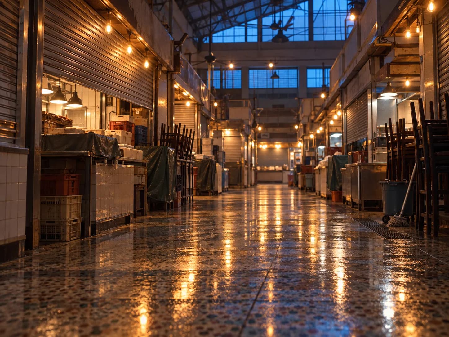 An emptying market hall at dusk with warm bulbs against a darkening ceiling