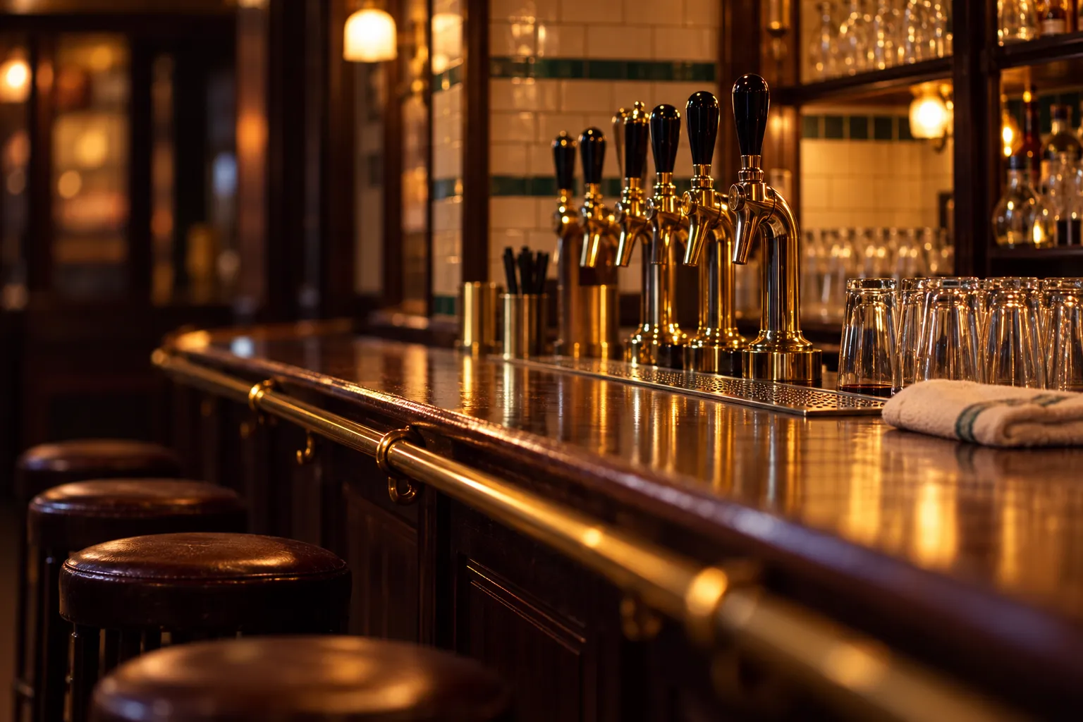 A short bar counter inside a market hall with taps and stools