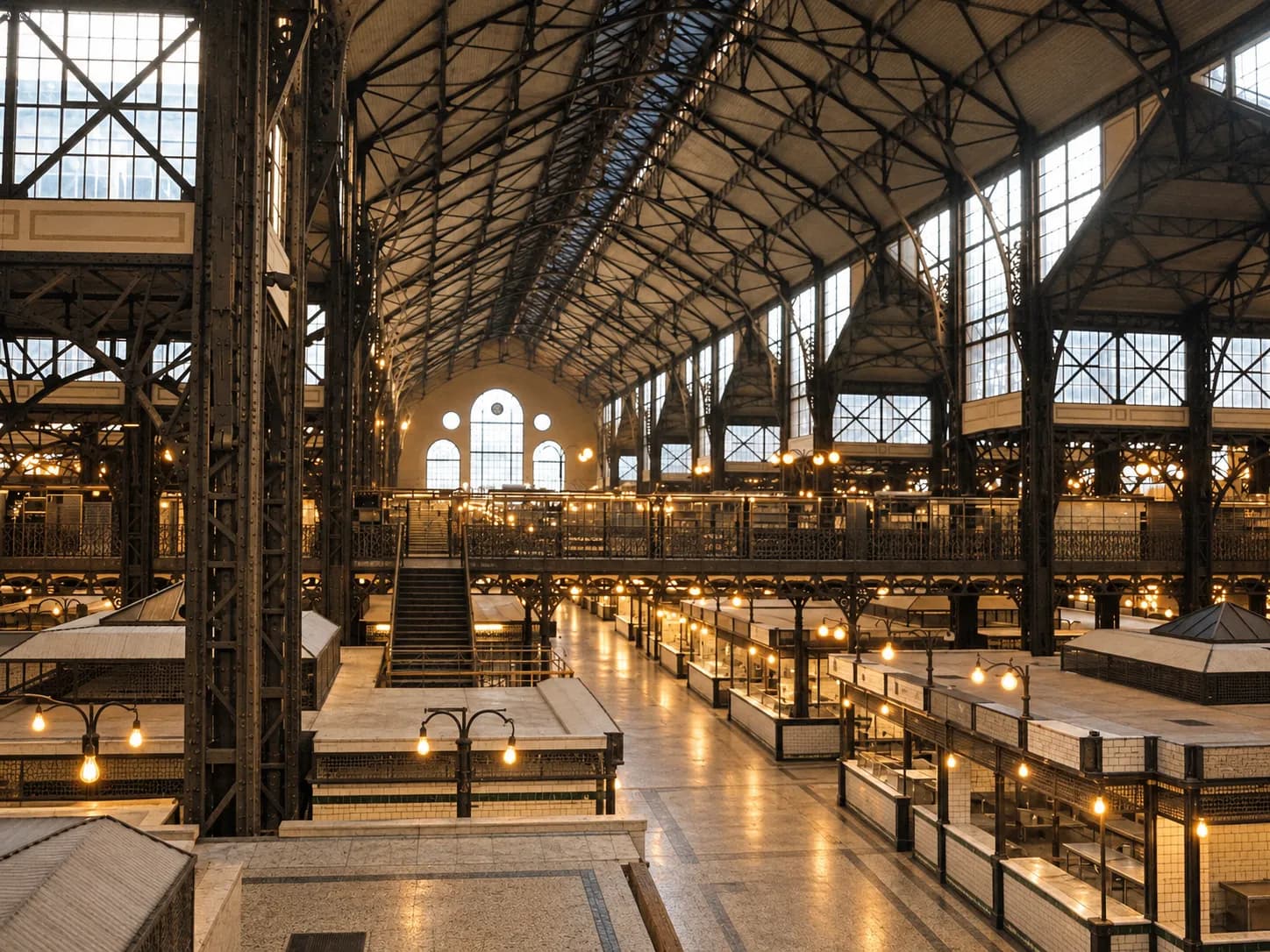 A high-ceilinged market hall with hanging bulbs and stalls along both sides