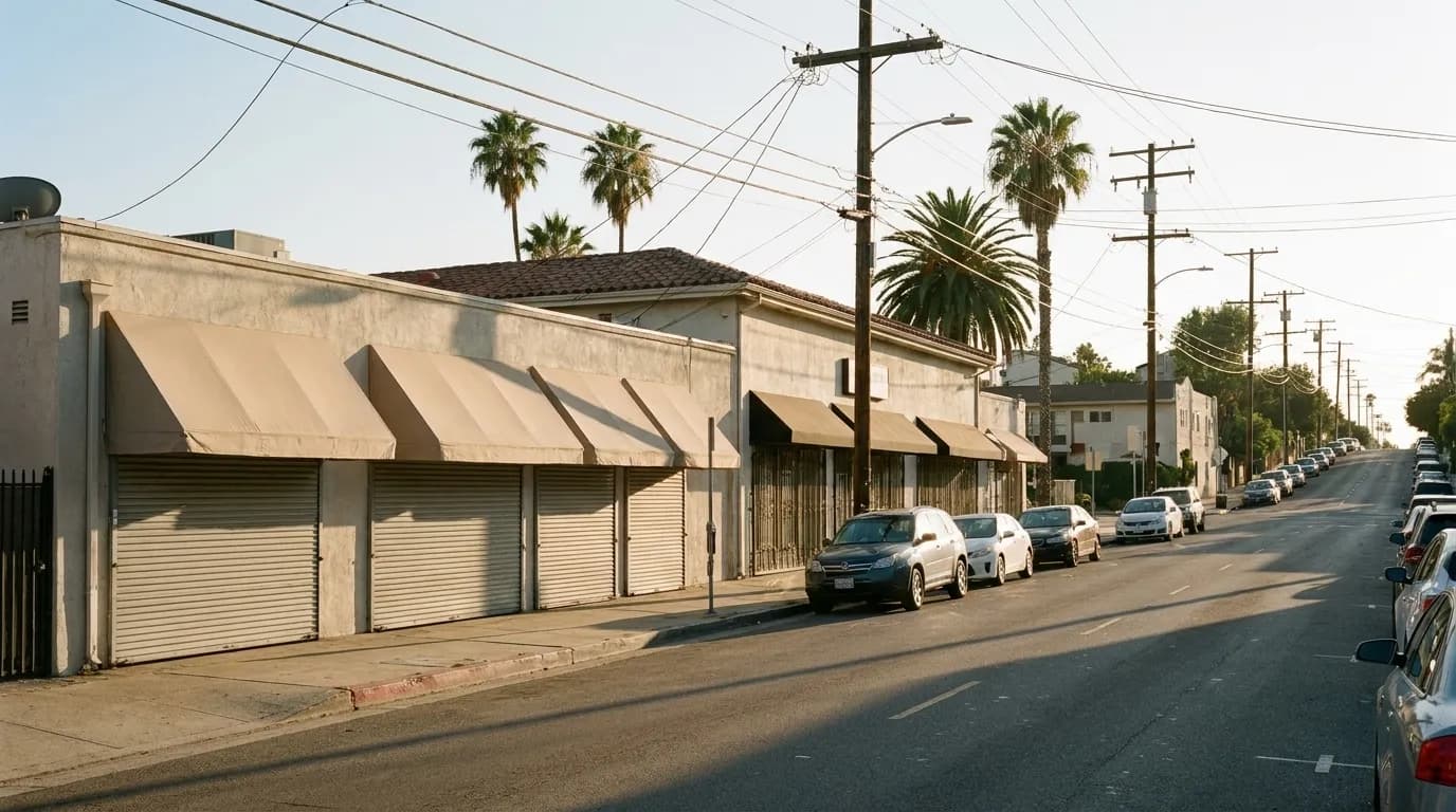 A sloping hillside Los Angeles boulevard of low stucco storefronts in warm late-afternoon light with parked cars on both sides