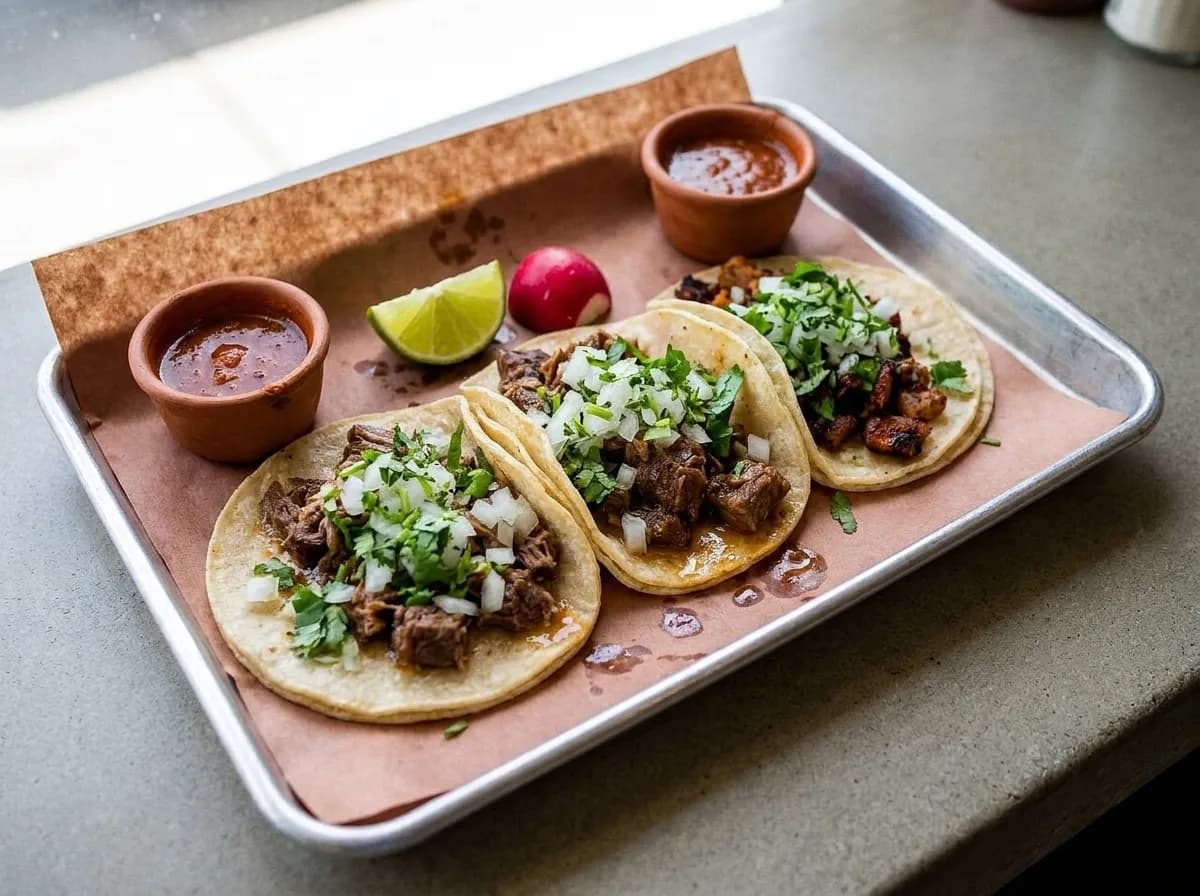 A paper-lined tray of braised meat tacos on thick handmade corn tortillas with lime wedges beside it