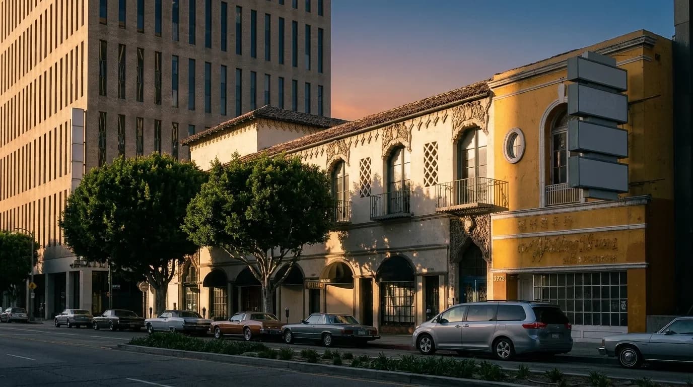 A dense mid-city Los Angeles commercial boulevard in low evening sun with stacked sign panels and parked cars