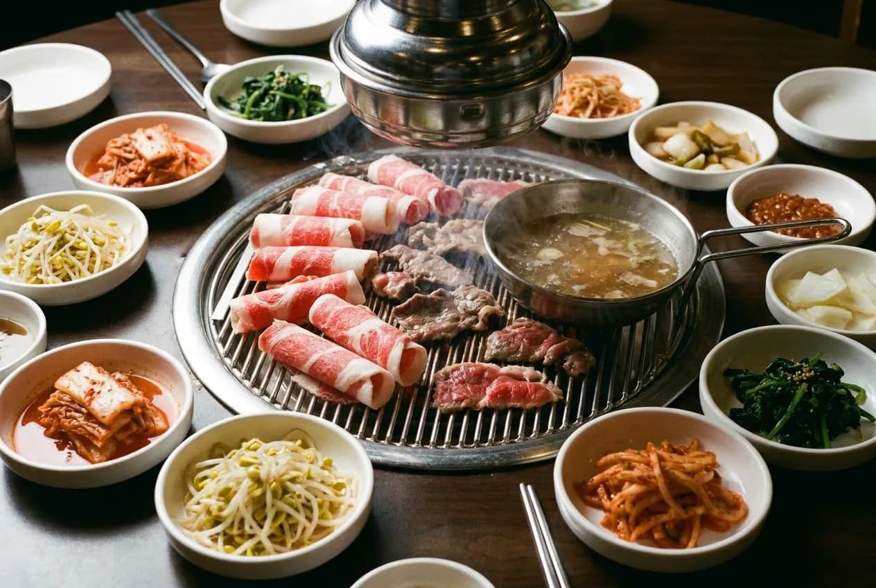 A tabletop grill surrounded by many small side dishes in white ceramic bowls under a metal extraction hood