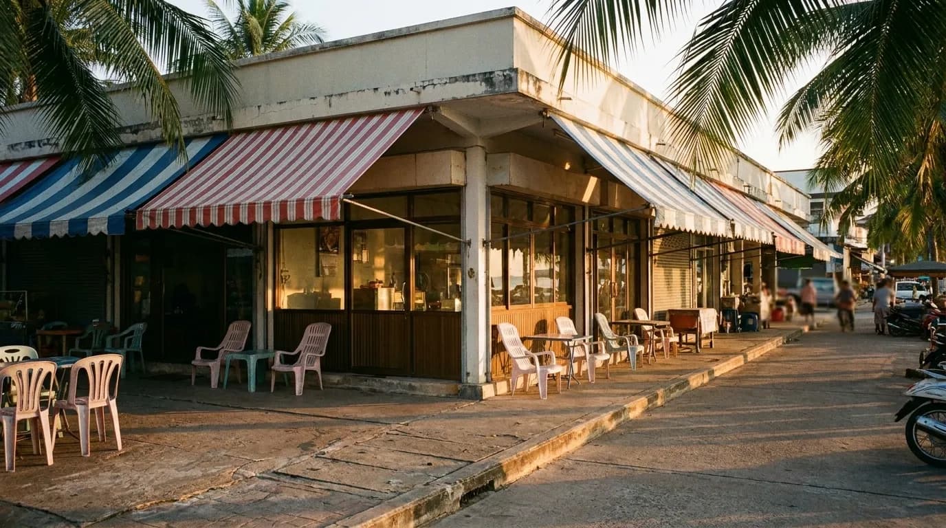 A low-rise beachside commercial street at dusk with striped awnings, plastic chairs on the sidewalk and long warm shadows