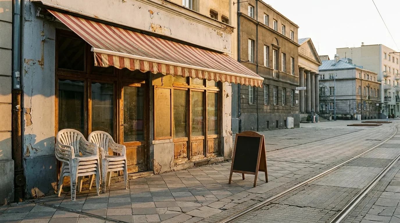 A modest street-corner storefront with a striped awning and plastic chairs on the sidewalk in low evening light