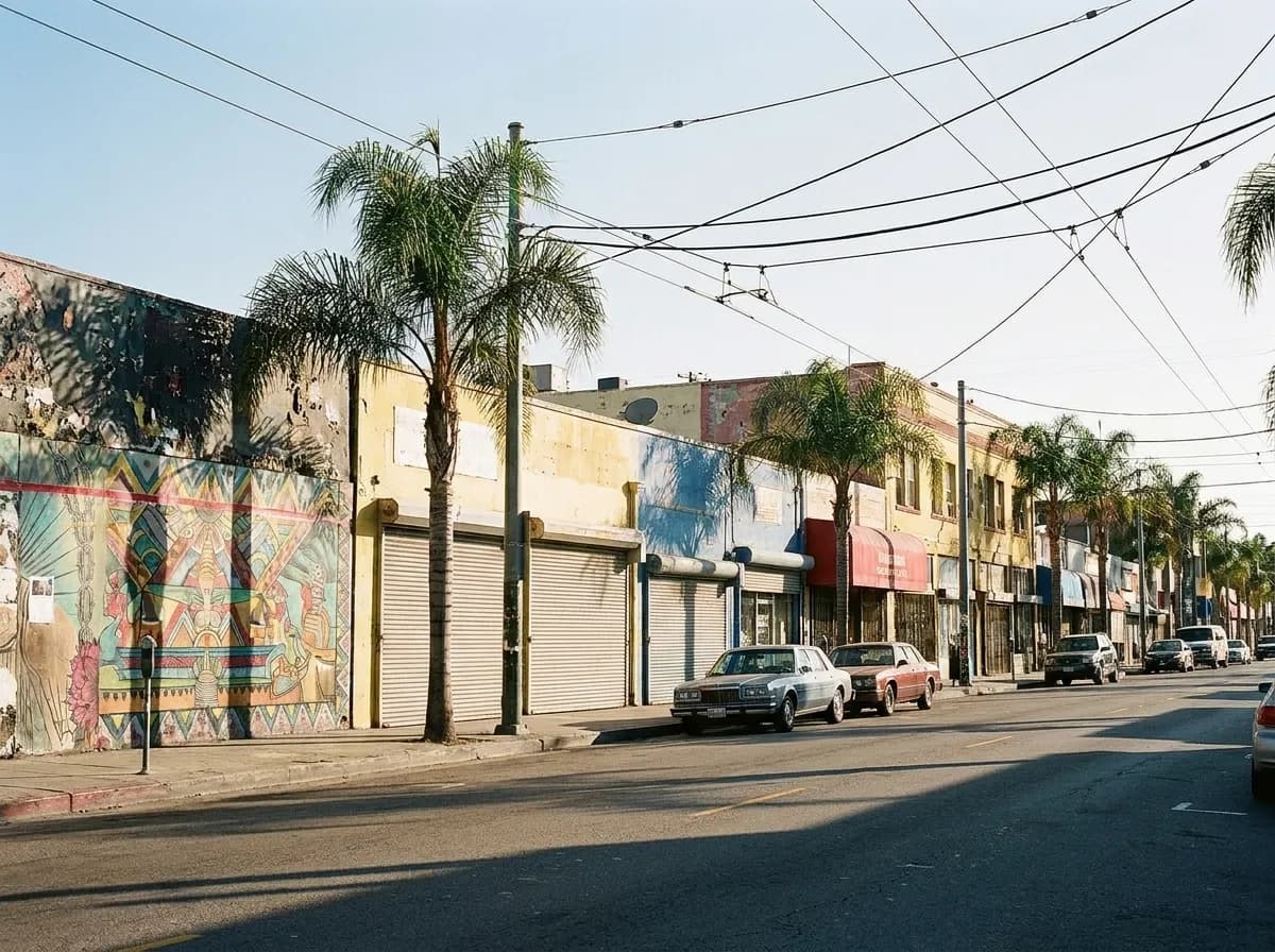 A wide sunlit street of low painted storefronts with murals, palm trees and overhead wires in a dense city neighbourhood