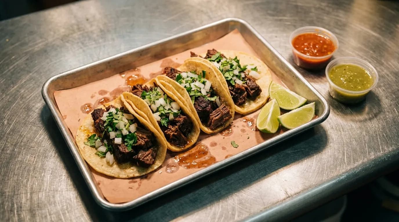 Corn tortillas and braised beef tacos on a metal tray with lime wedges and salsa in small cups