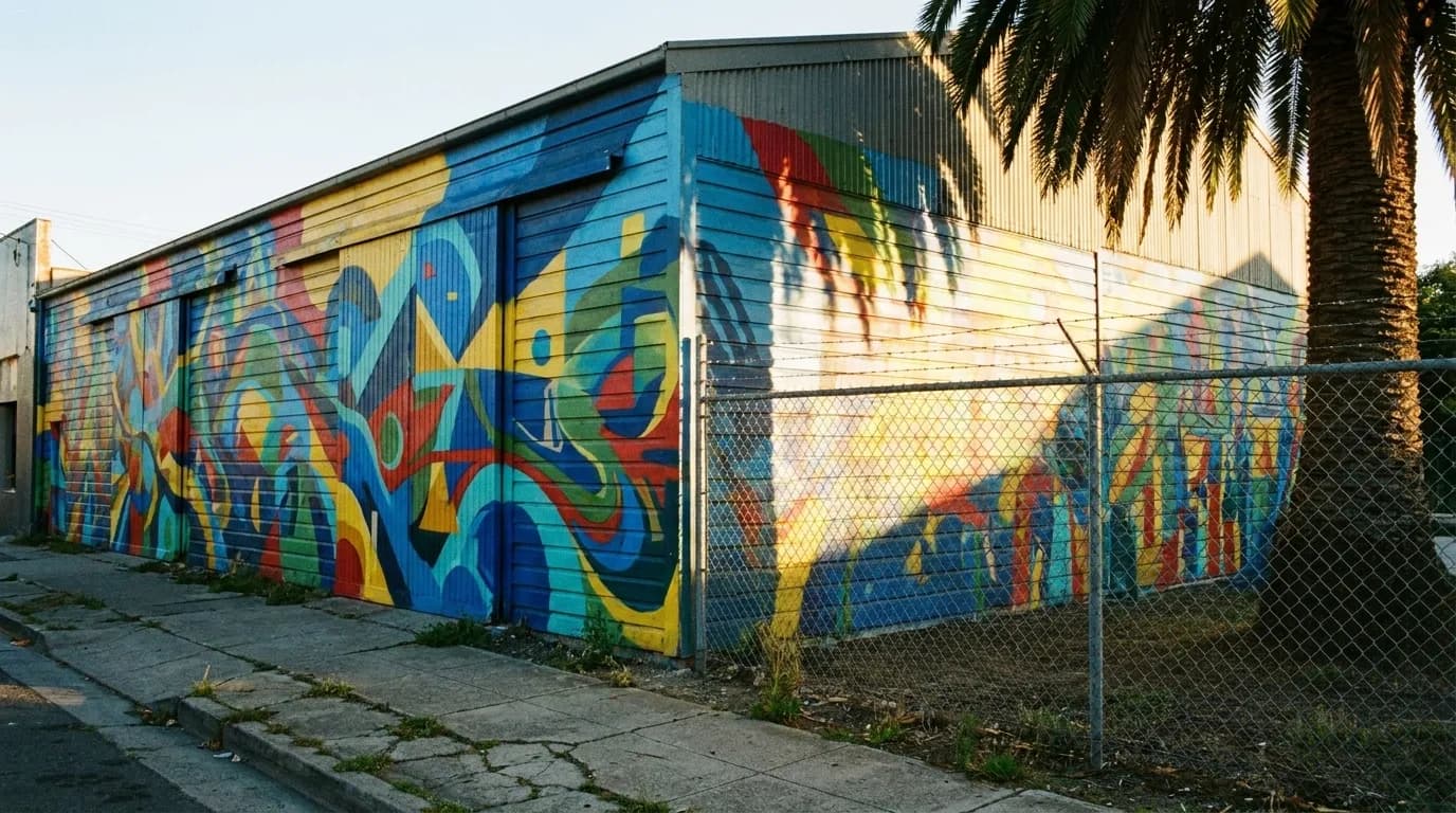 A Miami warehouse street with large painted murals, a narrow sidewalk and a palm casting a hard afternoon shadow