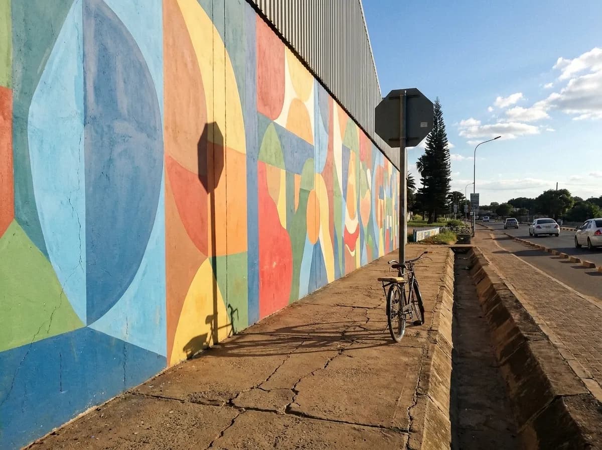 A painted warehouse wall in bright colours above a narrow sidewalk with a parked bicycle and hard afternoon shadow