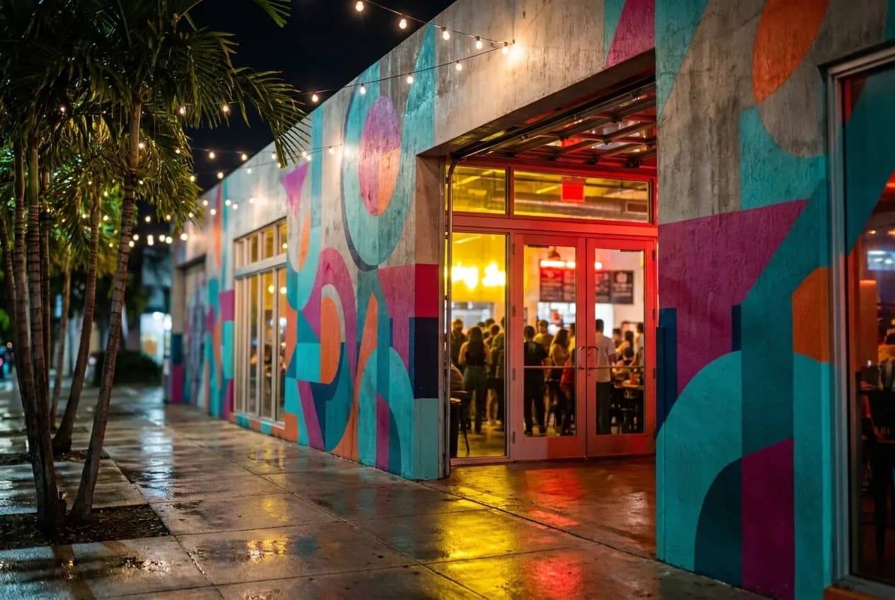Illuminated food hall entrance in Wynwood with colorful street art and warm interior light spilling onto the sidewalk at night