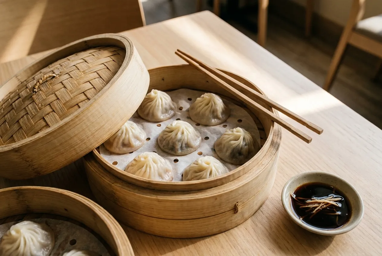 Overhead view of soup dumplings in bamboo steamer baskets with chopsticks and soy sauce on a wooden table