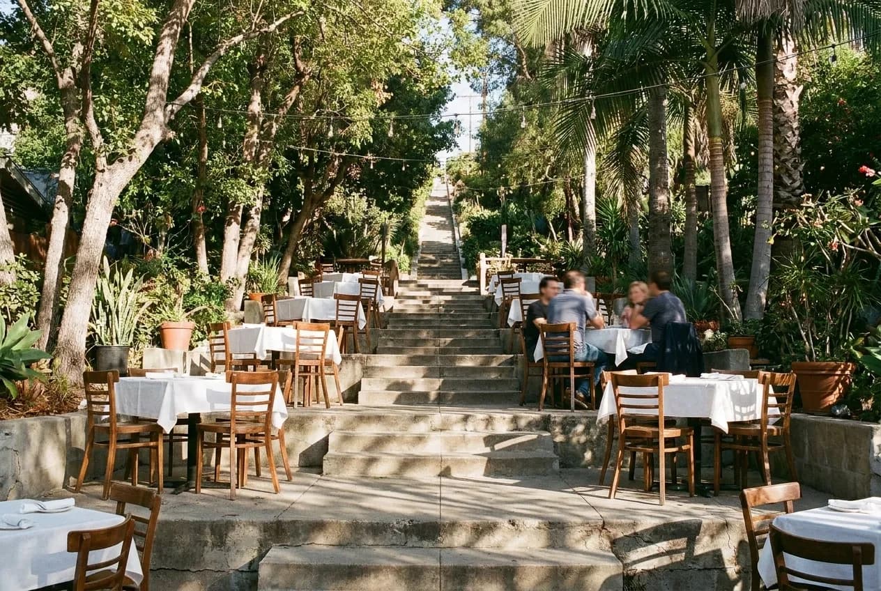 Sunlit restaurant patio in Los Angeles with dappled shade from mature trees