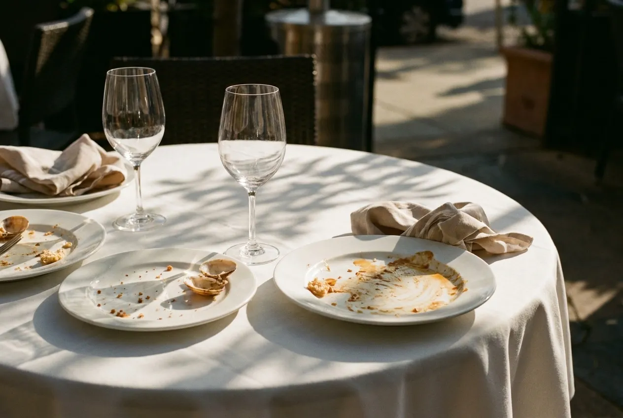 Table setting at an outdoor Los Angeles restaurant during a long Sunday lunch