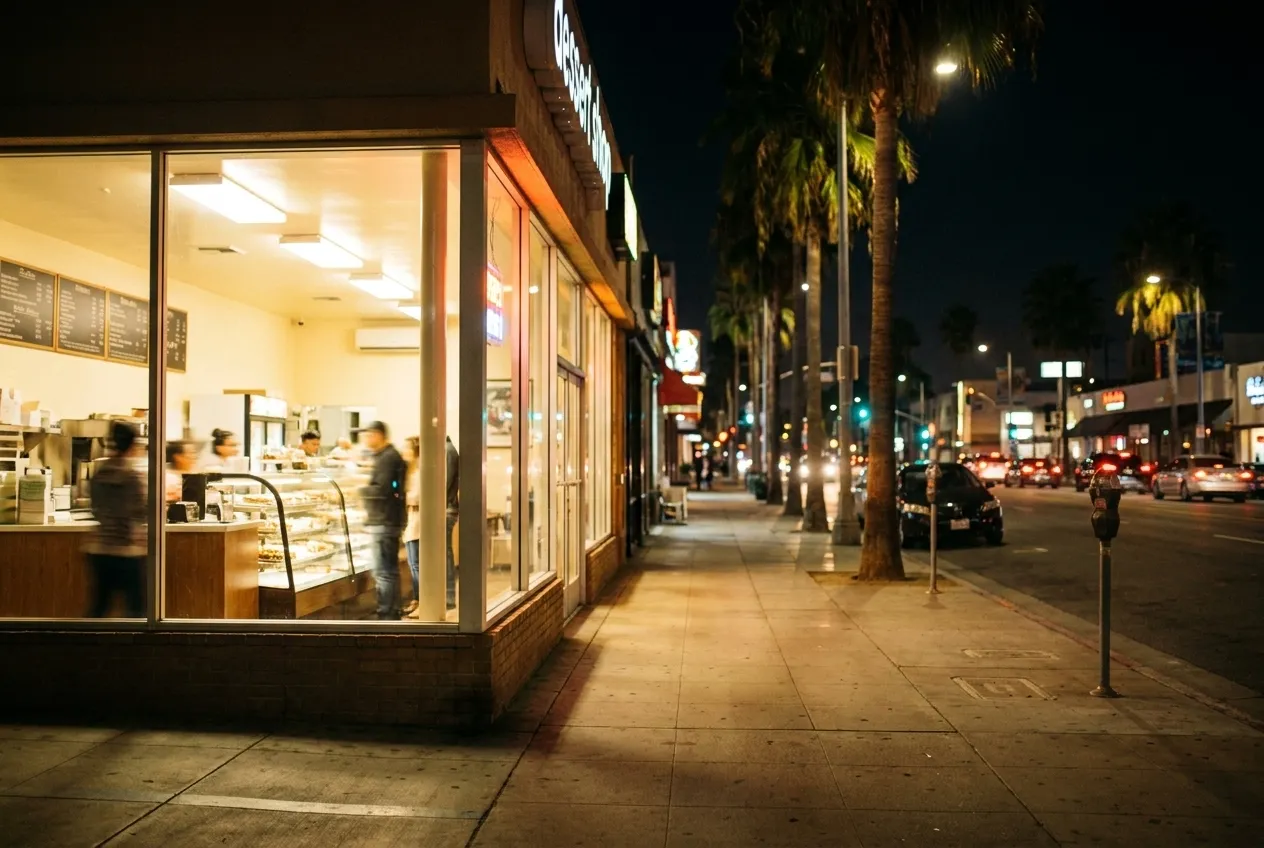 Illuminated paleteria window in Los Angeles at night with customers at the counter