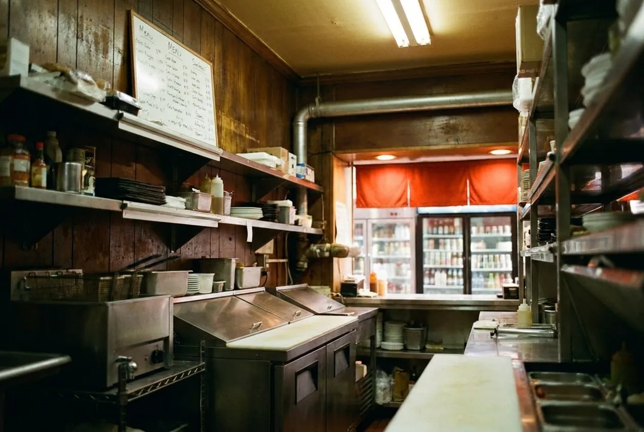Kitchen counter inside a New York City bodega with service area and refrigerator cases