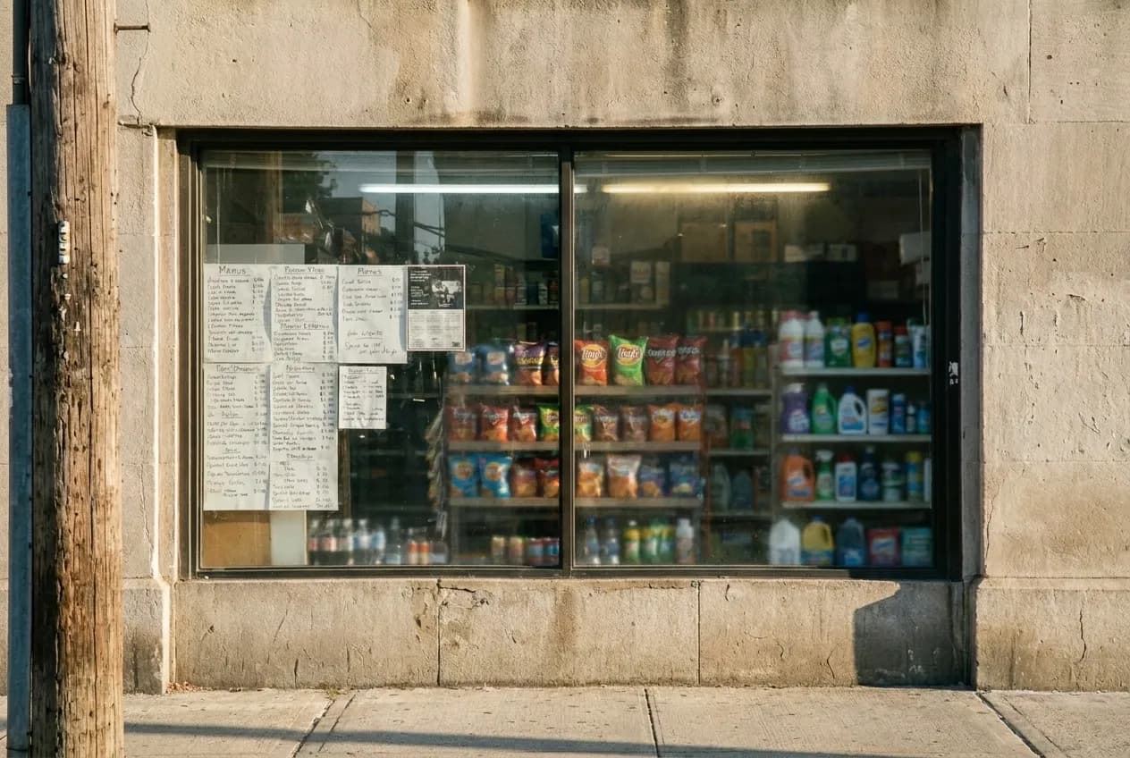 Bodega storefront window in New York City with handwritten menu visible inside
