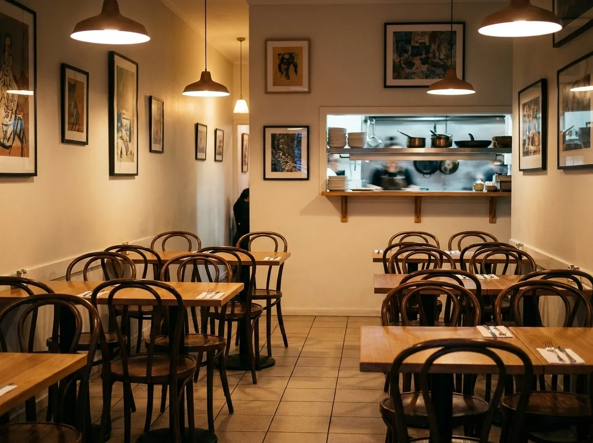 A small neighbourhood restaurant dining room with closely spaced wooden tables and framed art on the wall