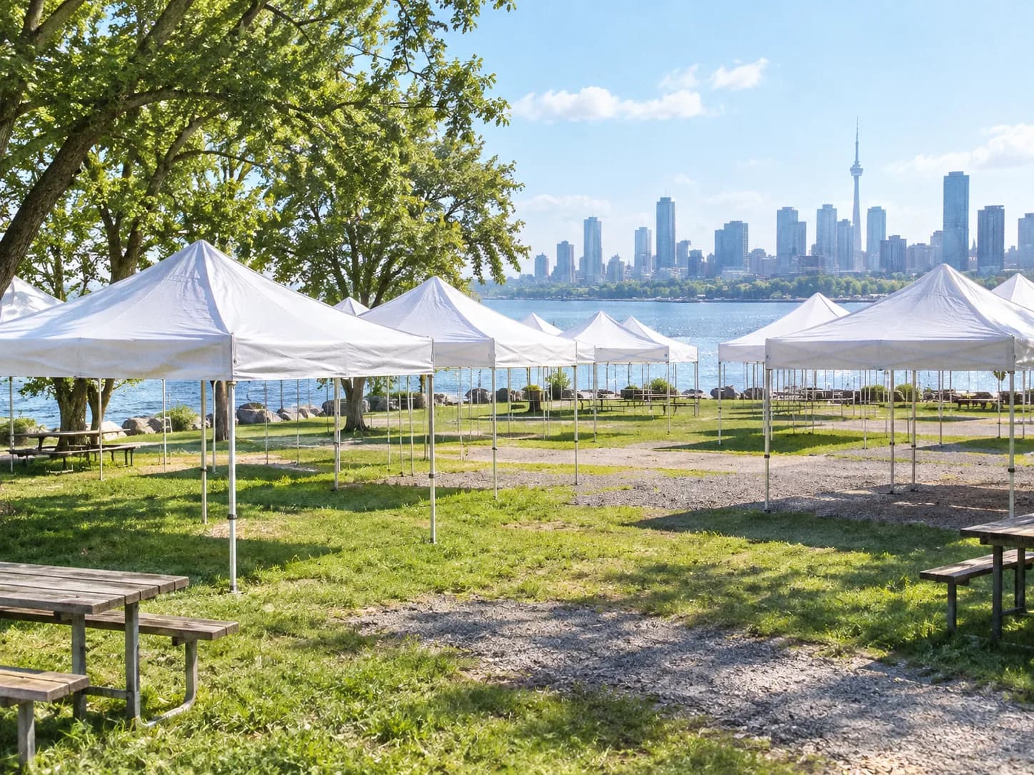 Rows of white market tents on grass with trees and a city skyline behind