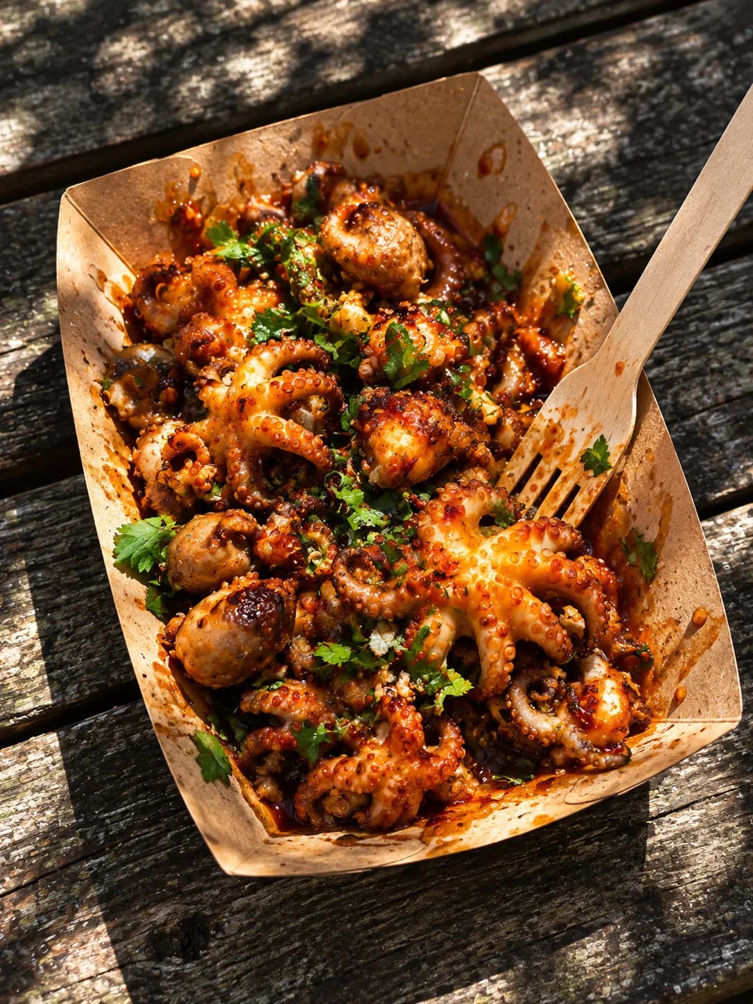 A paper tray of street food held over a wooden picnic table