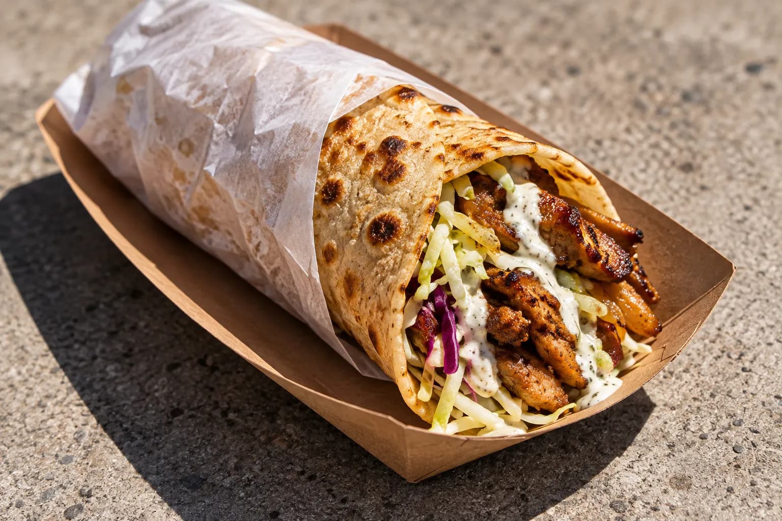 A hand-held folded flatbread wrap packed with grilled filling and sauce