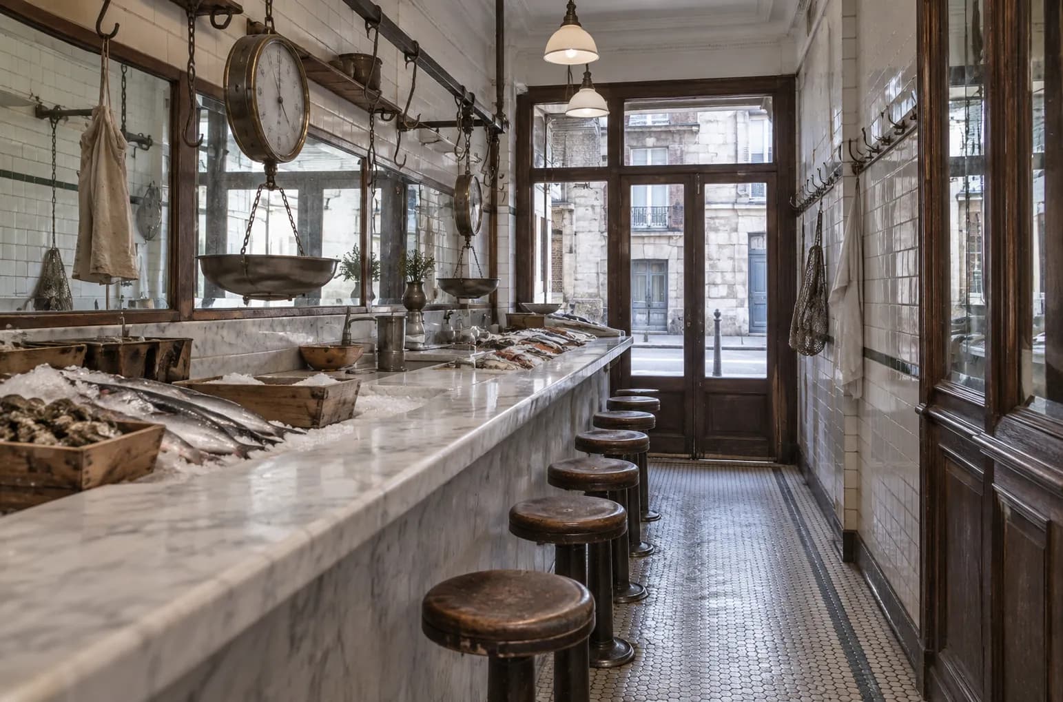 A long marble counter lined with worn wooden stools in a narrow shop